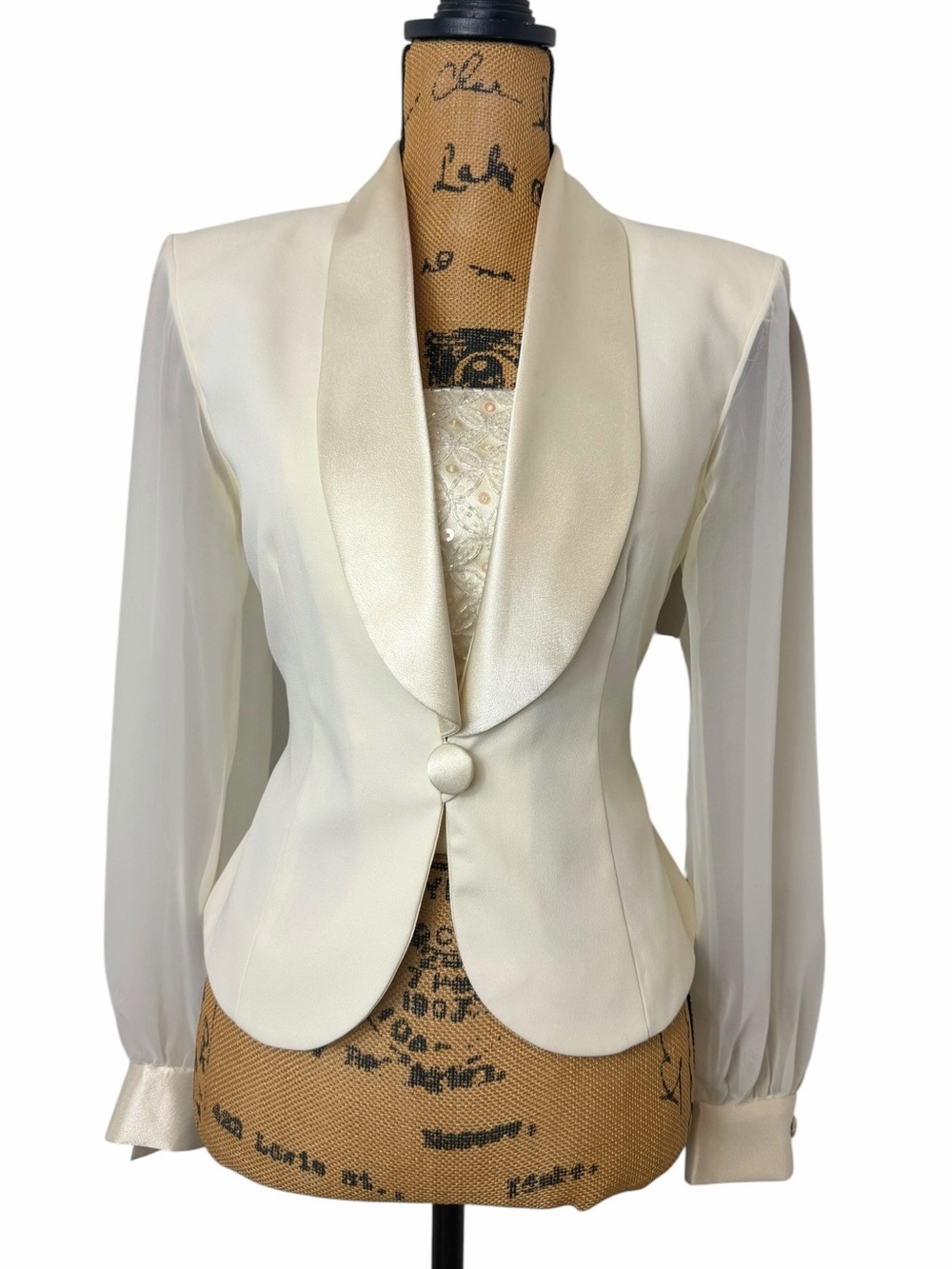 Vintage Ivory Satin Tuxedo Blazer Beaded Illusion Top Sheer Sleeve 10P - Picture 2 of 10